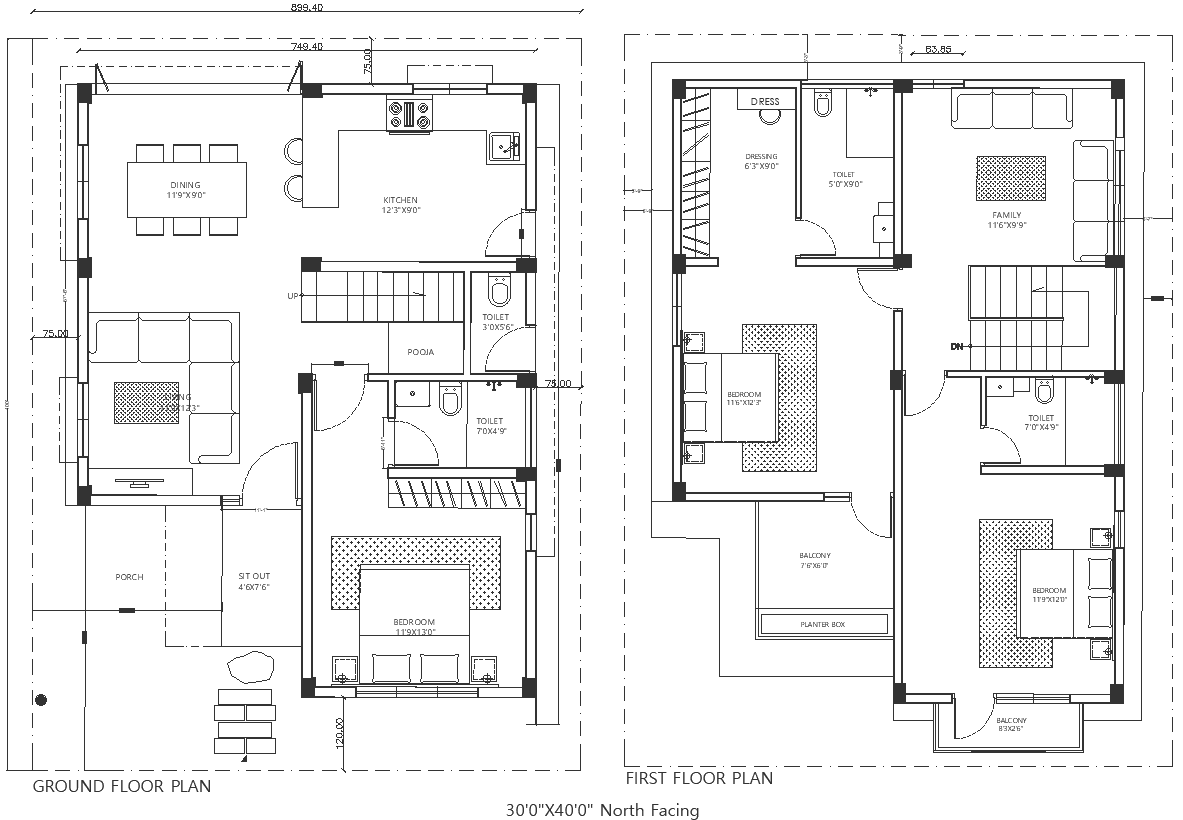 30x40 ft North facing three bhk house furniture layout plan DWG AutoCAD ...