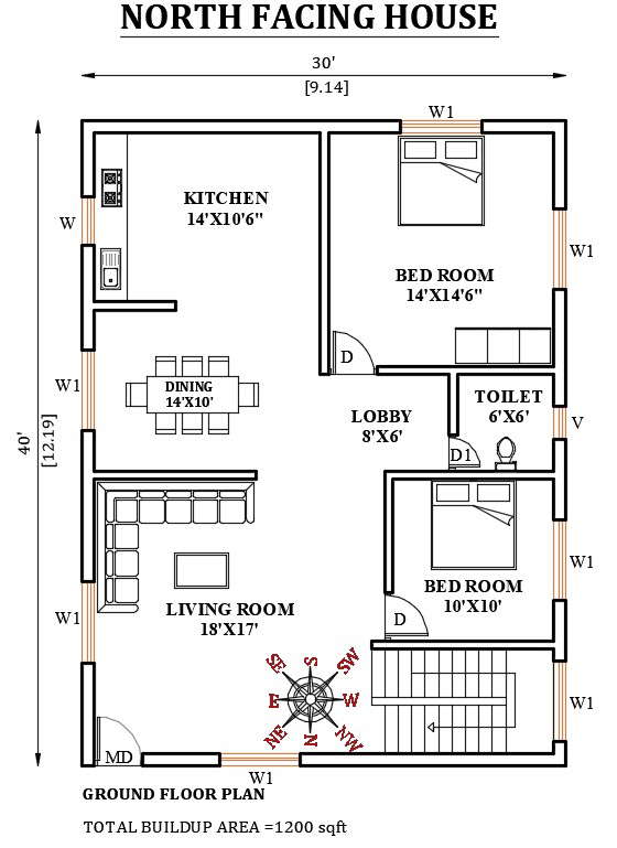 30’x40’ north facing house plan is given in this Autocad drawing file