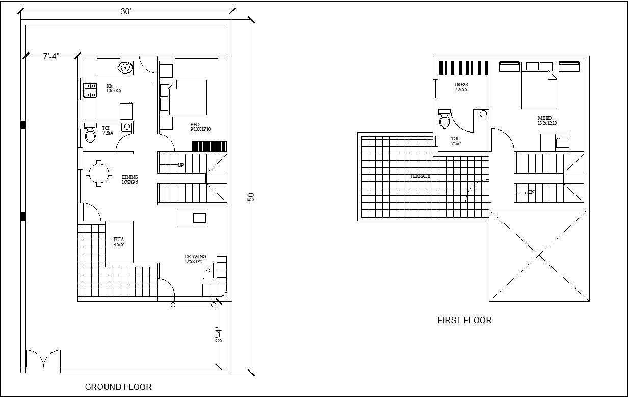 30x50 Ground Floor And First Floor House Plan Autocad 2d Layout Dwg File Cadbull