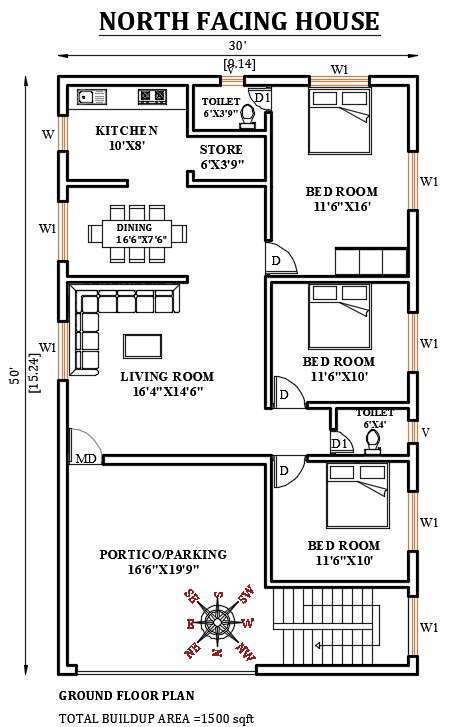 30 X50 North Facing House Plan Is Given In This Autocad Drawing File Download Now Cadbull