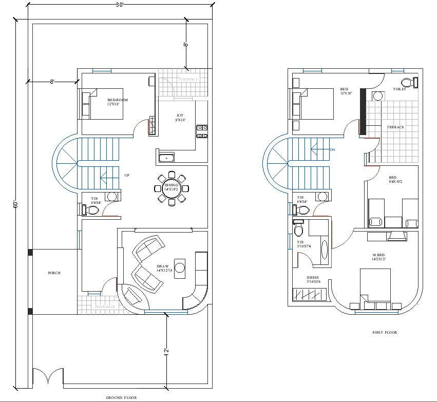 30' x 60' 4 BHK House plan With Porch Area Architecture Cad File. - Cadbull