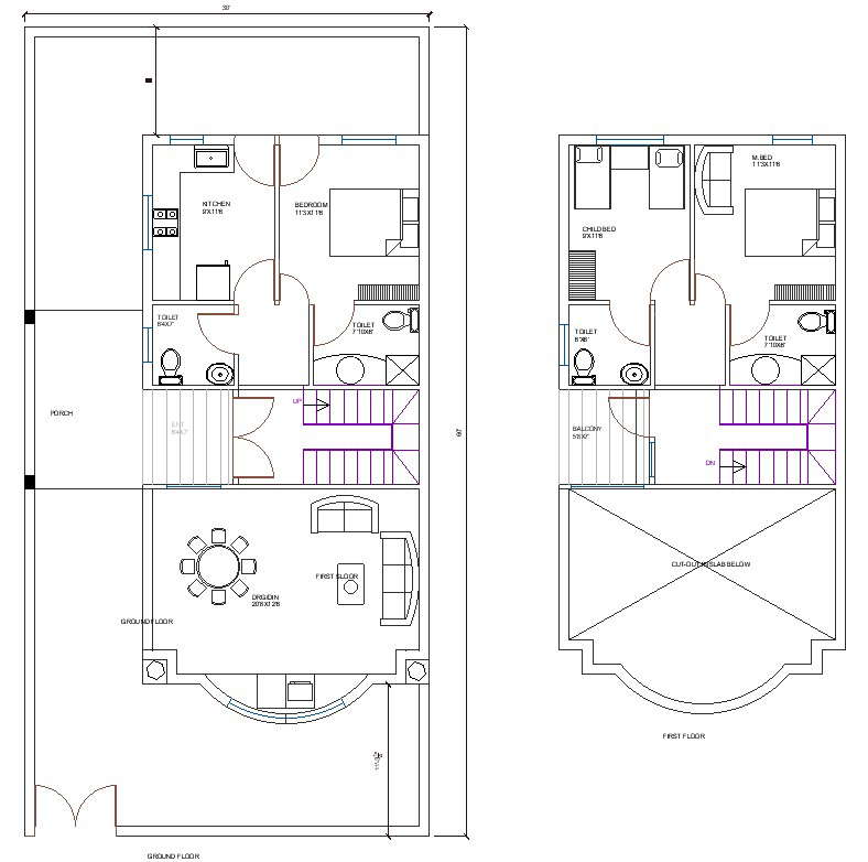 30' x 60' Ground Floor And First Floor Plan With Porch Area ...