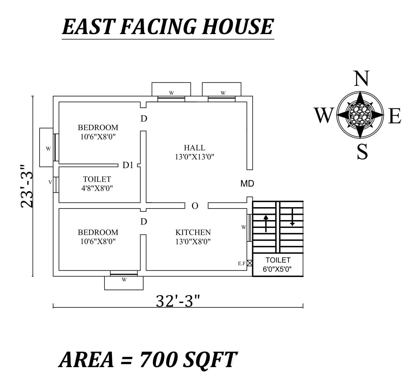 32 3 X23 3 2bhk East Facing House Plan As Per Vastu Shastra Autocad Dwg File Details Cadbull