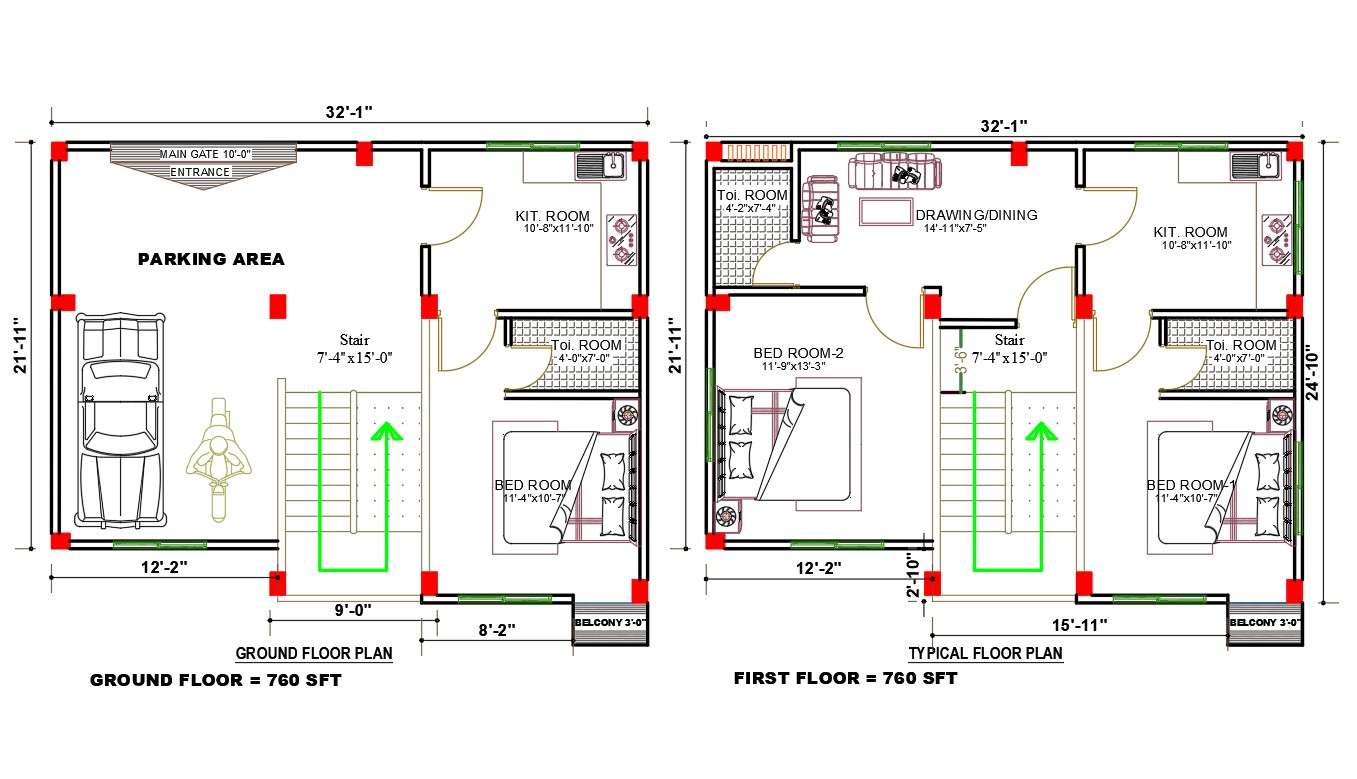 32'X22' House Ground Floor And First Floor Plan Download DWG File - Cadbull
