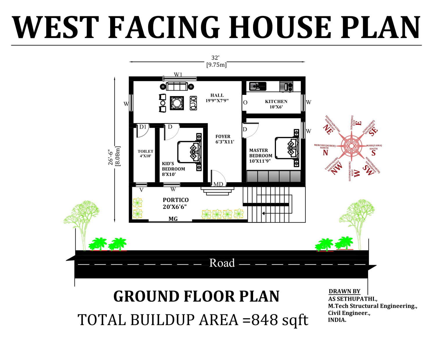 32 X26 West Facing 2bhk House Plan As Per Vastu Shastra Download Free Cadbull Cadbull