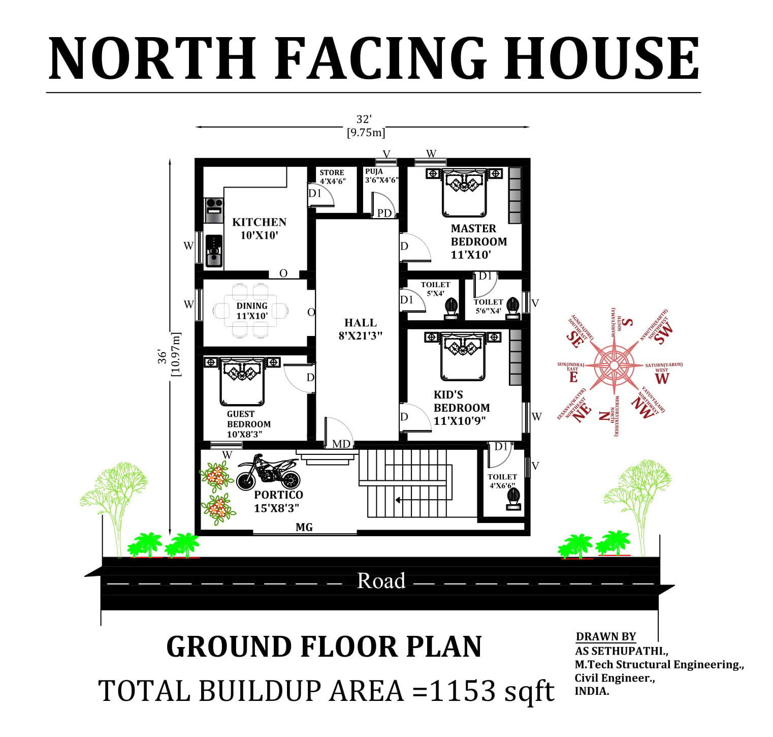 32 X36 North Facing 3bhk House Plan As Per Vastu Shastra Download Now Cadbull Cadbull