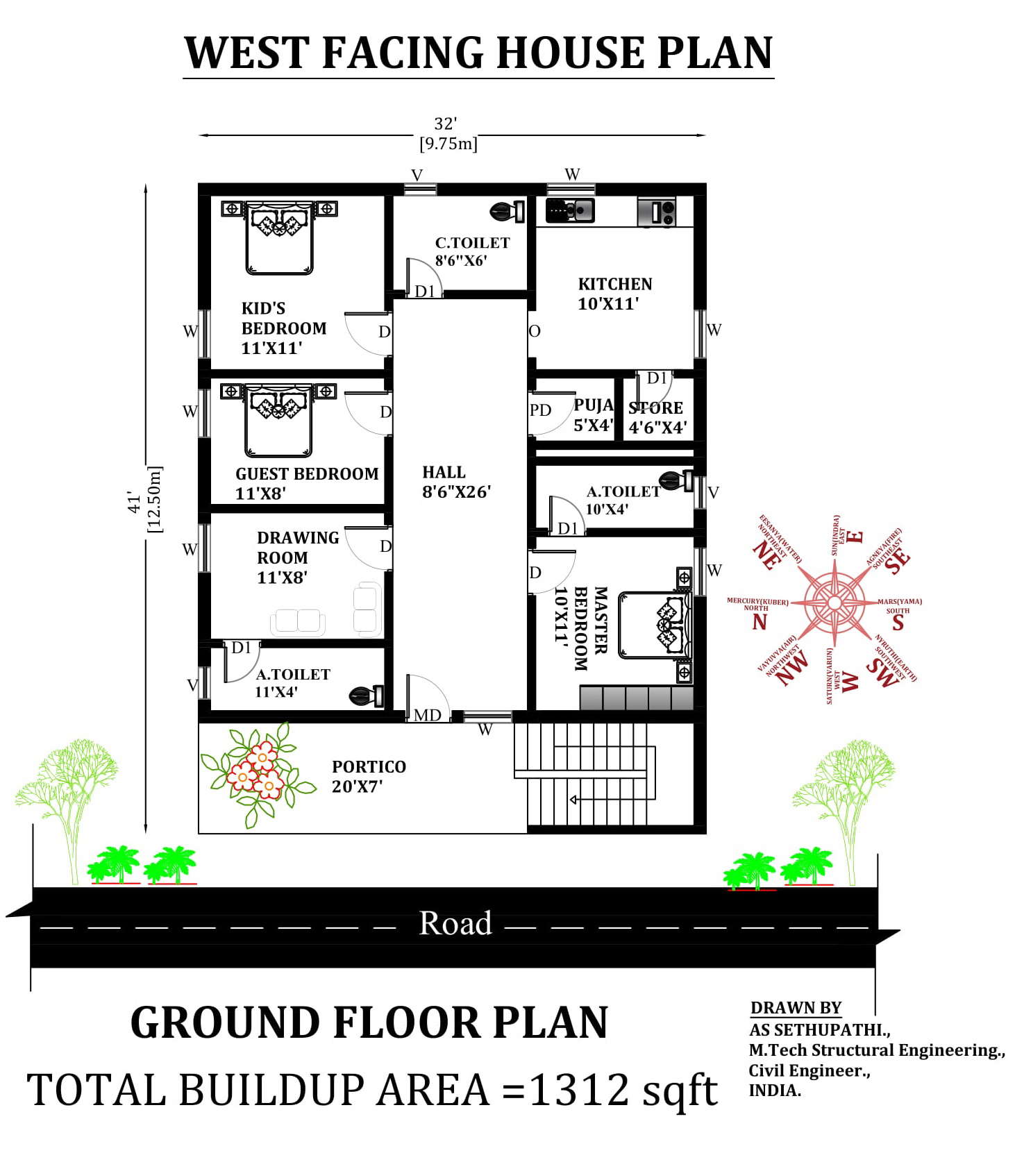 32 X41 West Facing 3bhk House Plan With Furniture As Per Vastu Shastra Download Now Free Cadbull