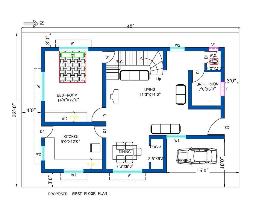 32'X45' House Plan AutoCAD Drawing Download DWG File - Cadbull