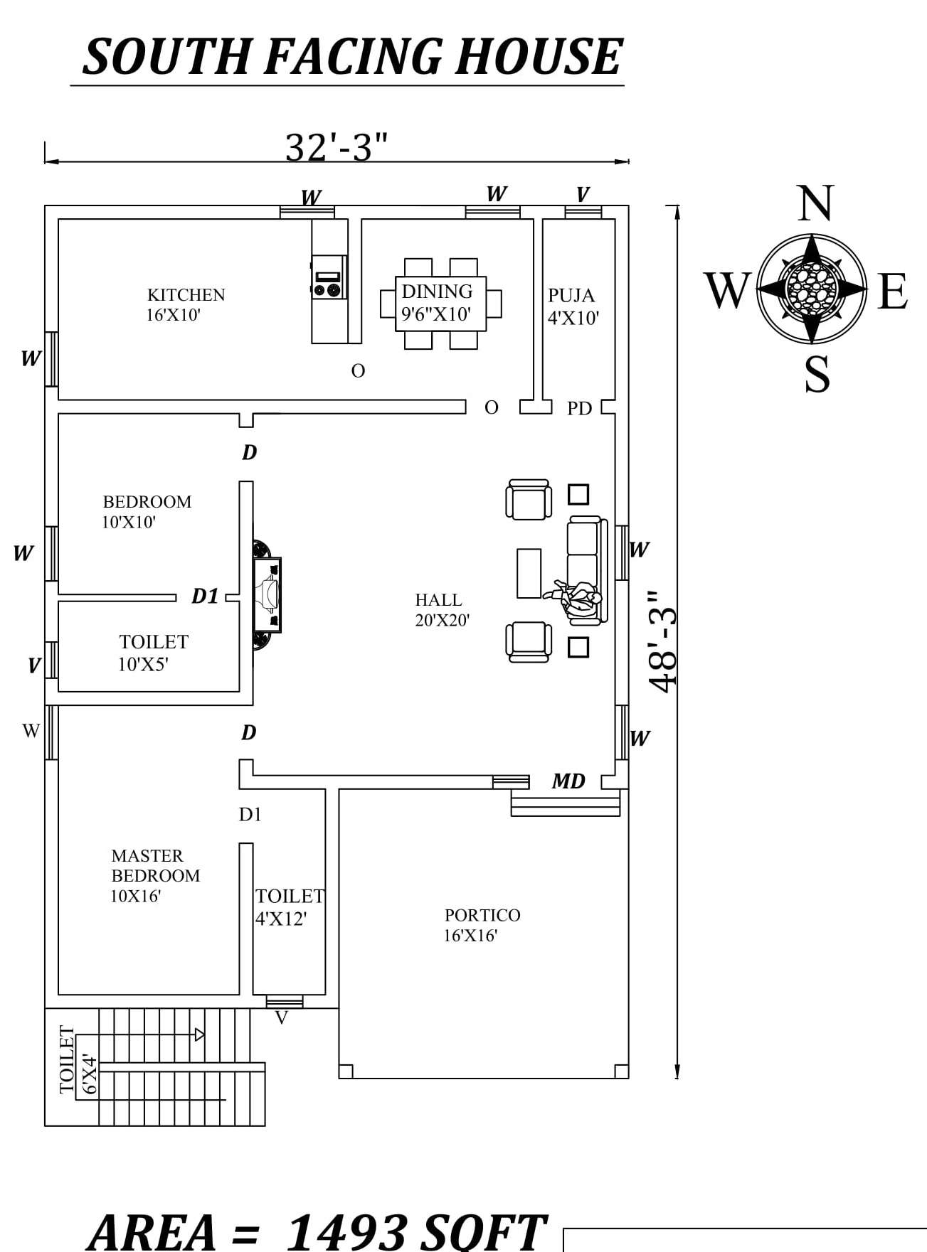 32 X48 Wonderful 2bhk South Facing House Plan As Per Vastu Shastra Autocad Dwg File Details Cadbull