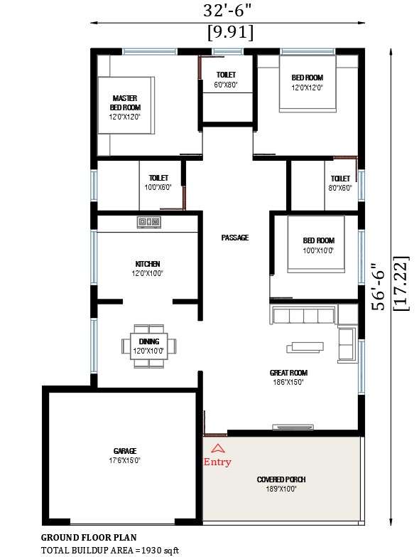 32’x56’ house plan is given in this AutoCAD drawing file. Download now ...