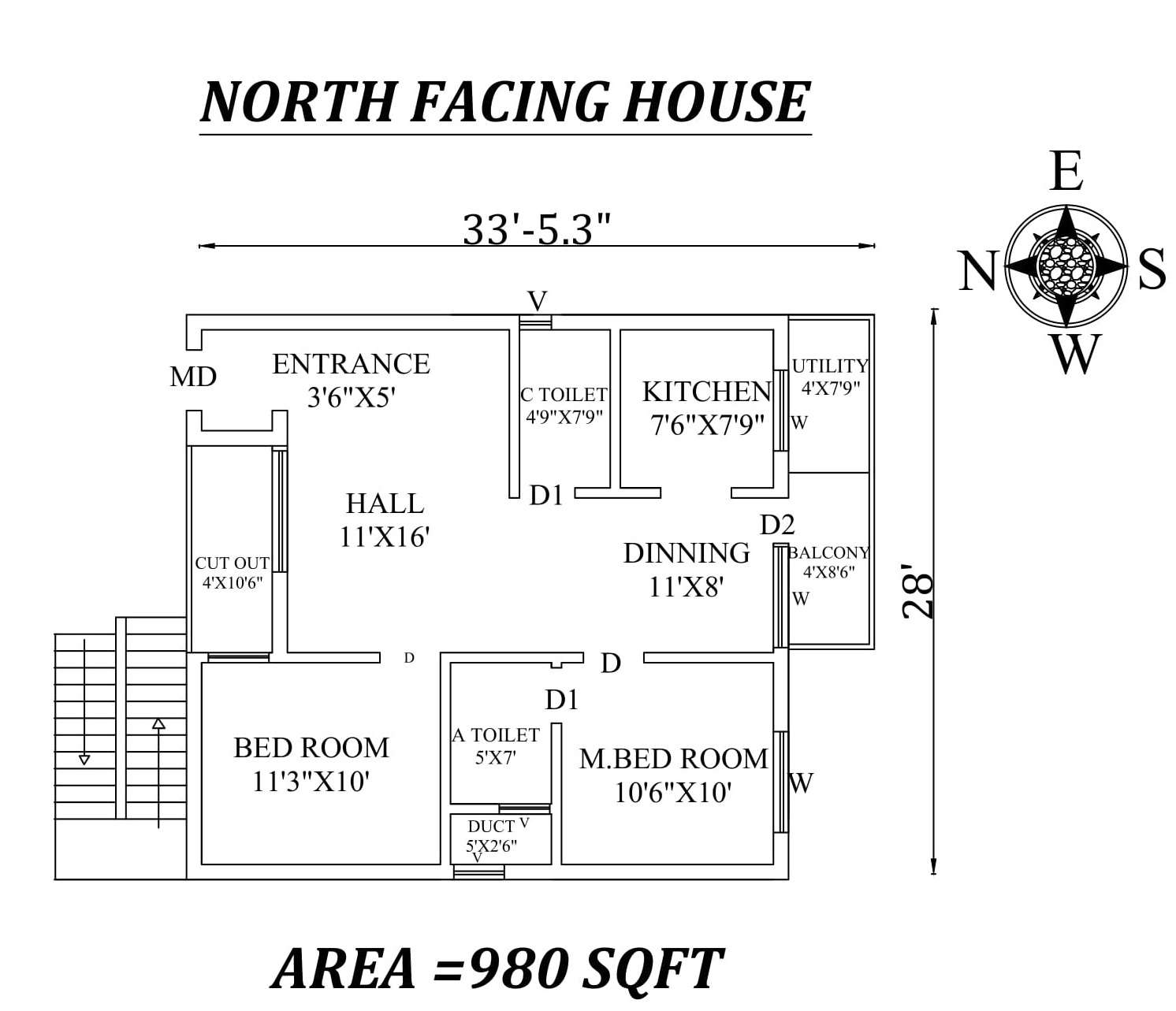 North Facing 2Bhk House Vastu Plan