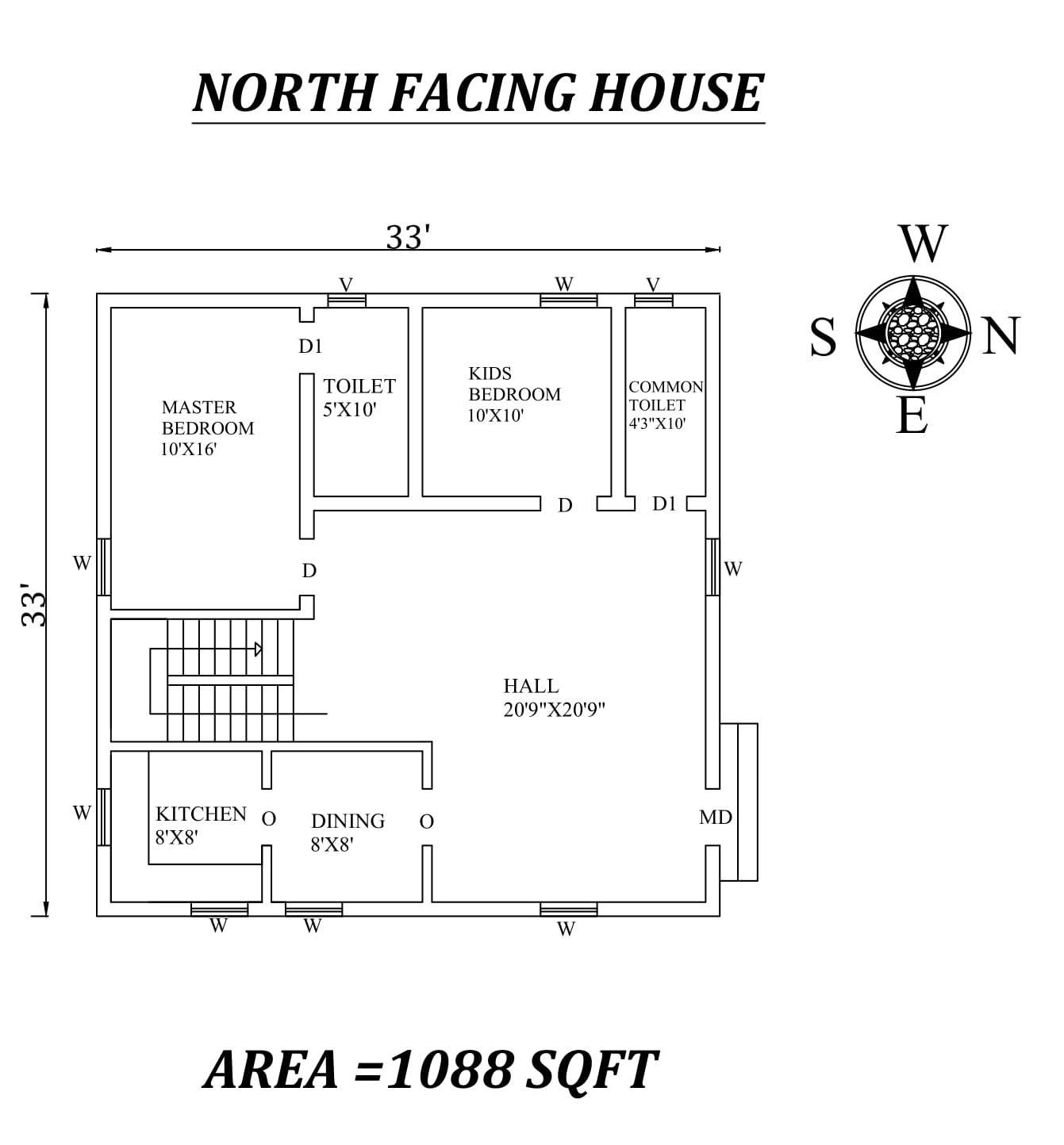 33 x33 Amazing North facing 2bhk house plan as per Vastu 