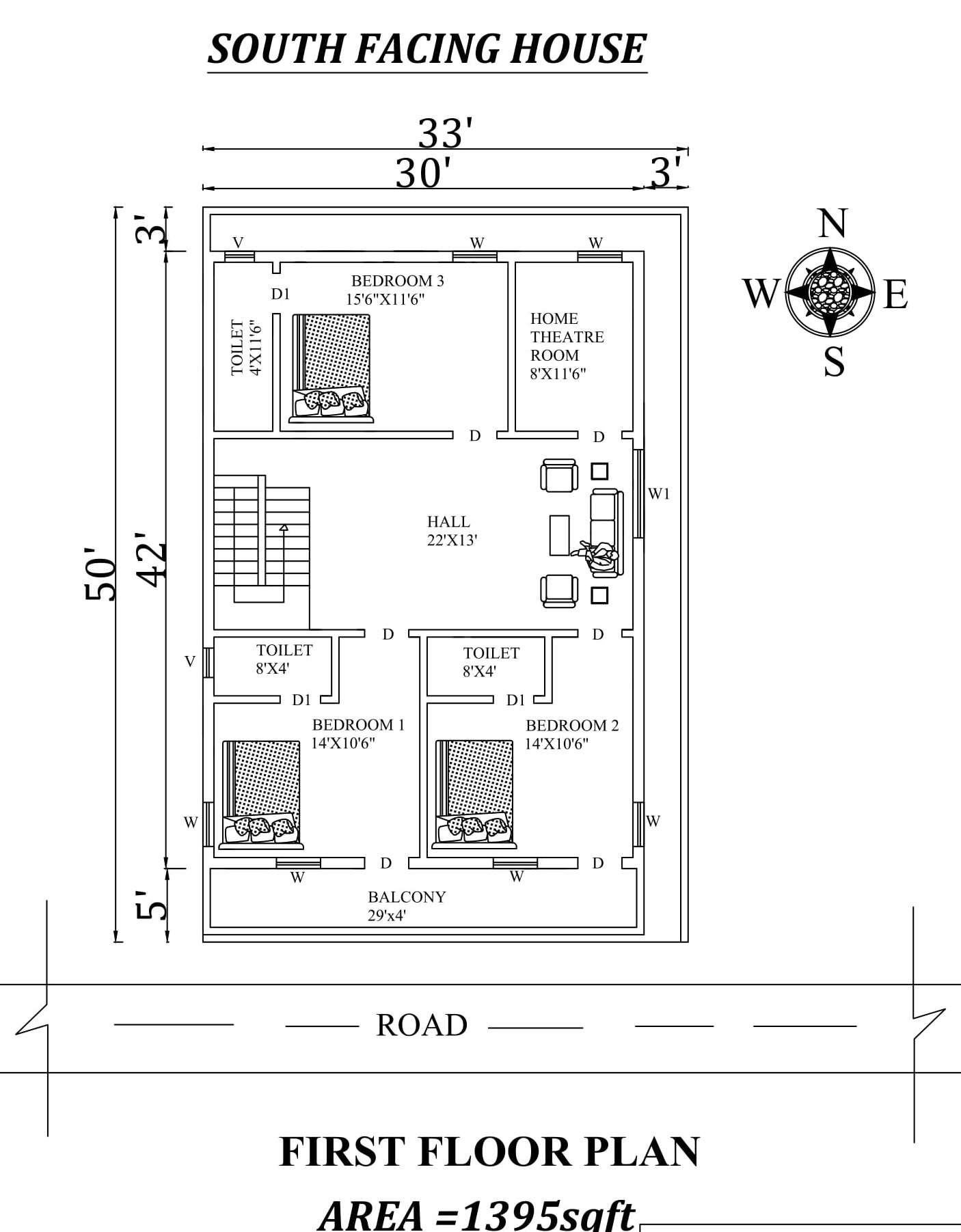 X South Facing First Floor House Plan As Per Vastu Shastra Autocad DWG And PDF File