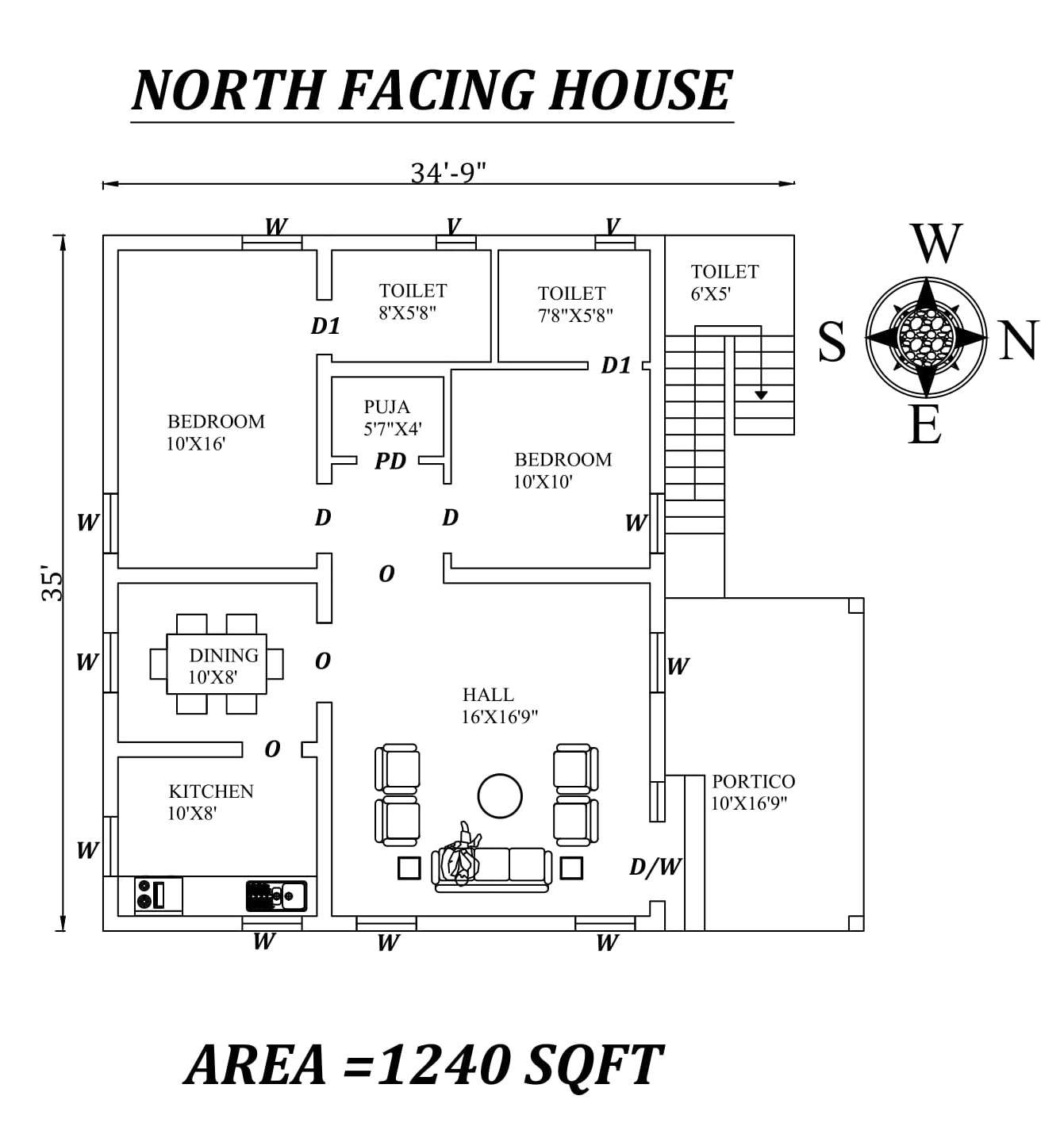 34'9"X35' Awesome Furnished North facing 2bhk house plan as per Vastu