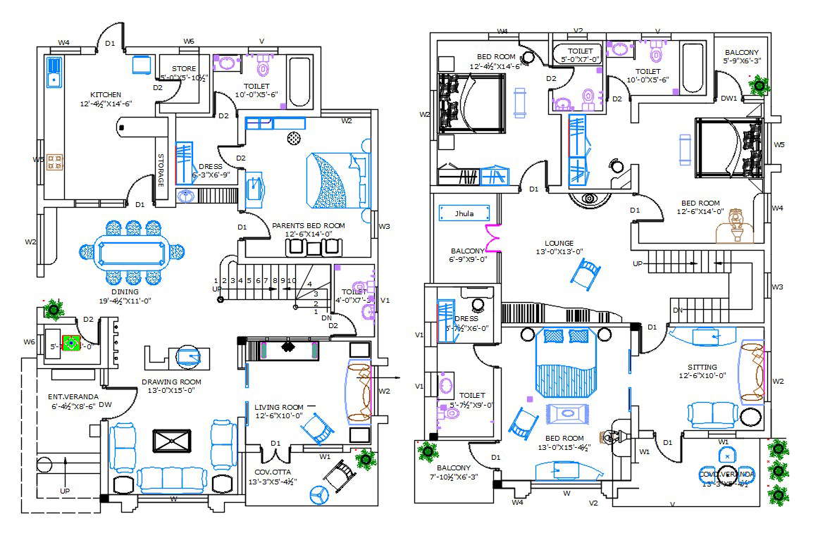 34' X 47 Architecture House Plan with Interior Furniture Design AutoCAD