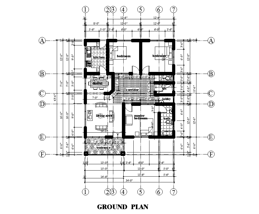 34’x44’ house plan is given in this Autocad drawing file. Download now ...