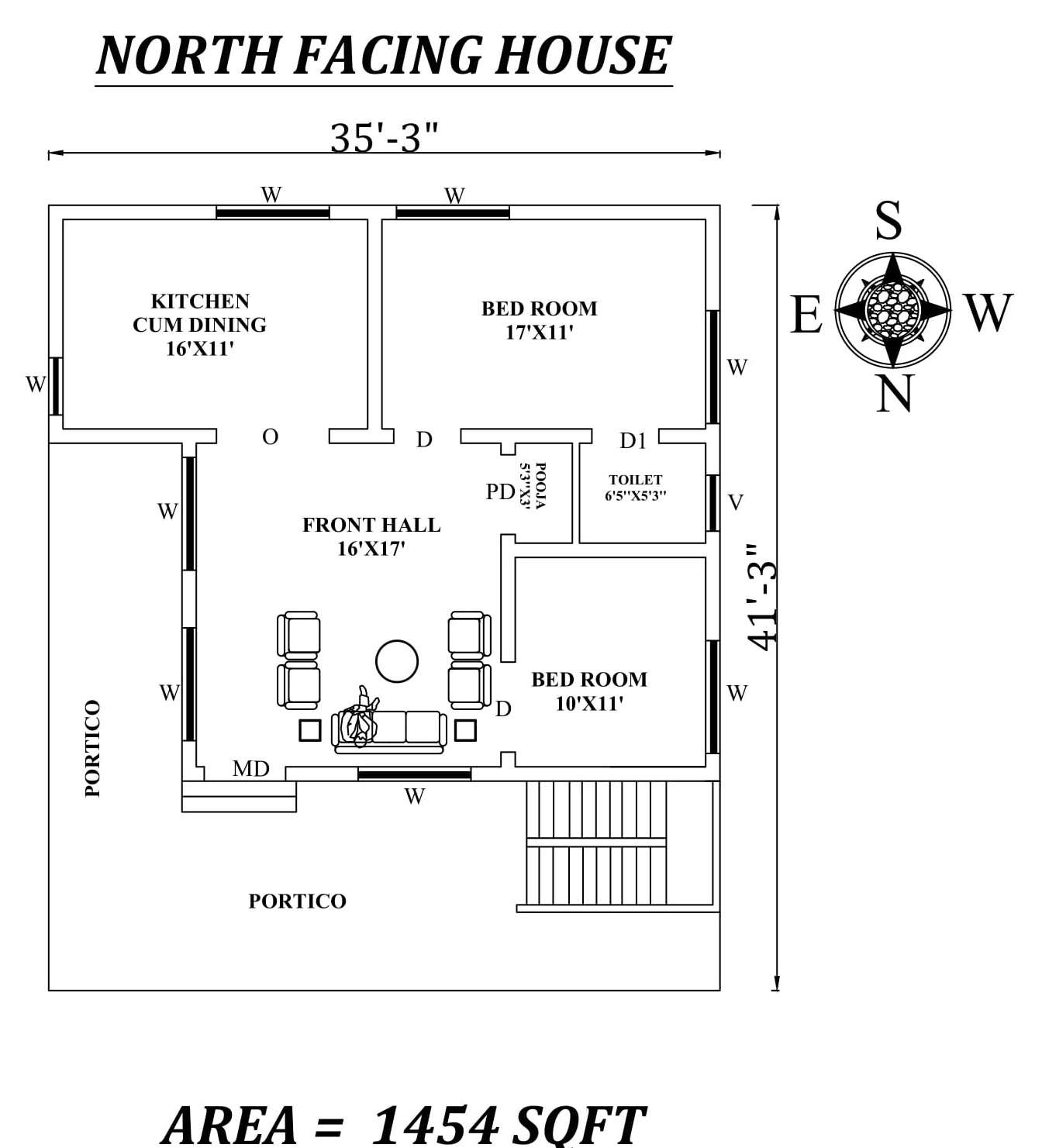 35'3"X41'3" Amazing North facing 2bhk house plan as per