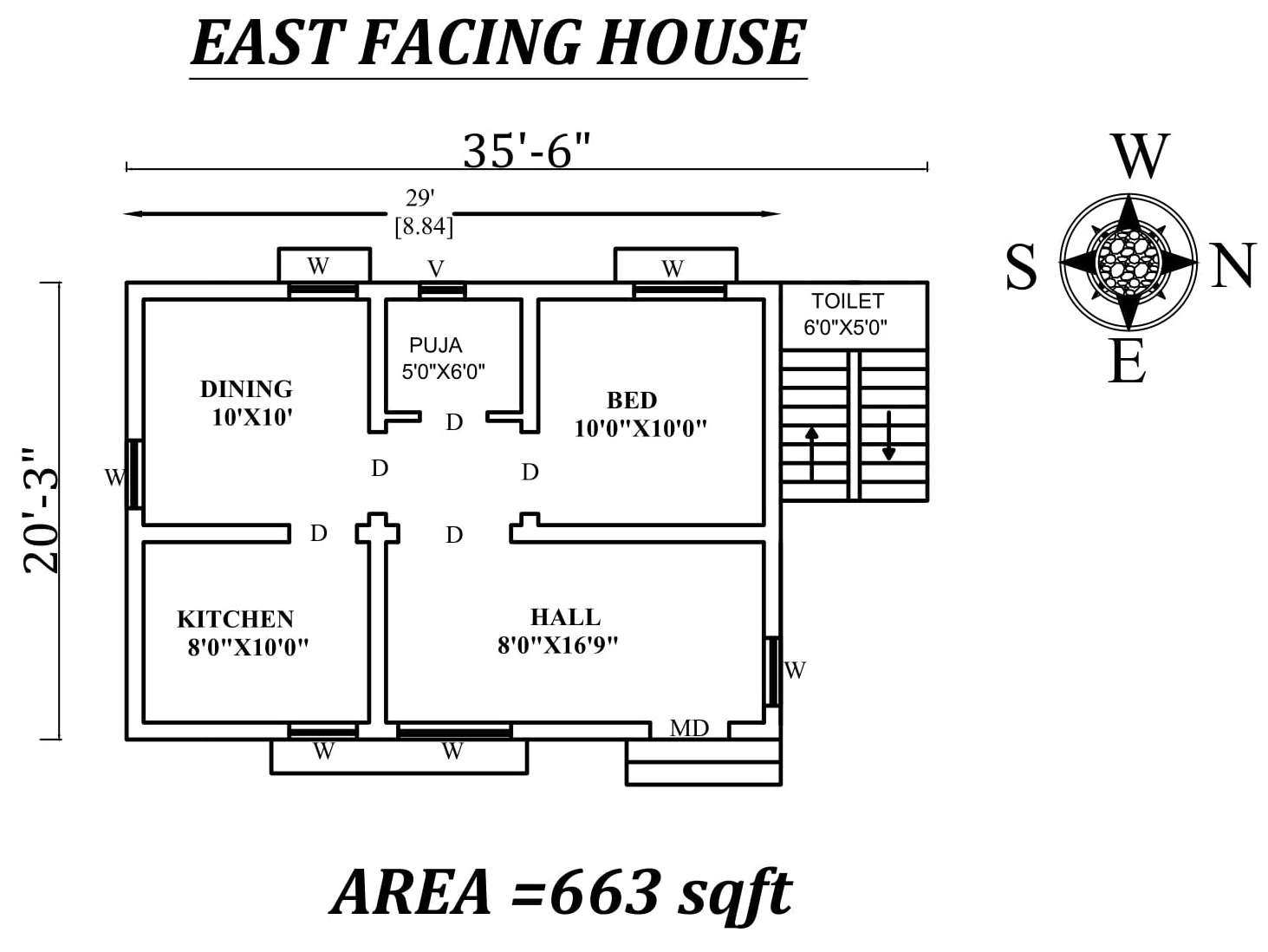35 6 X20 3 East Facing SIngle BHk House Plan As Per Vasthu Shastra 