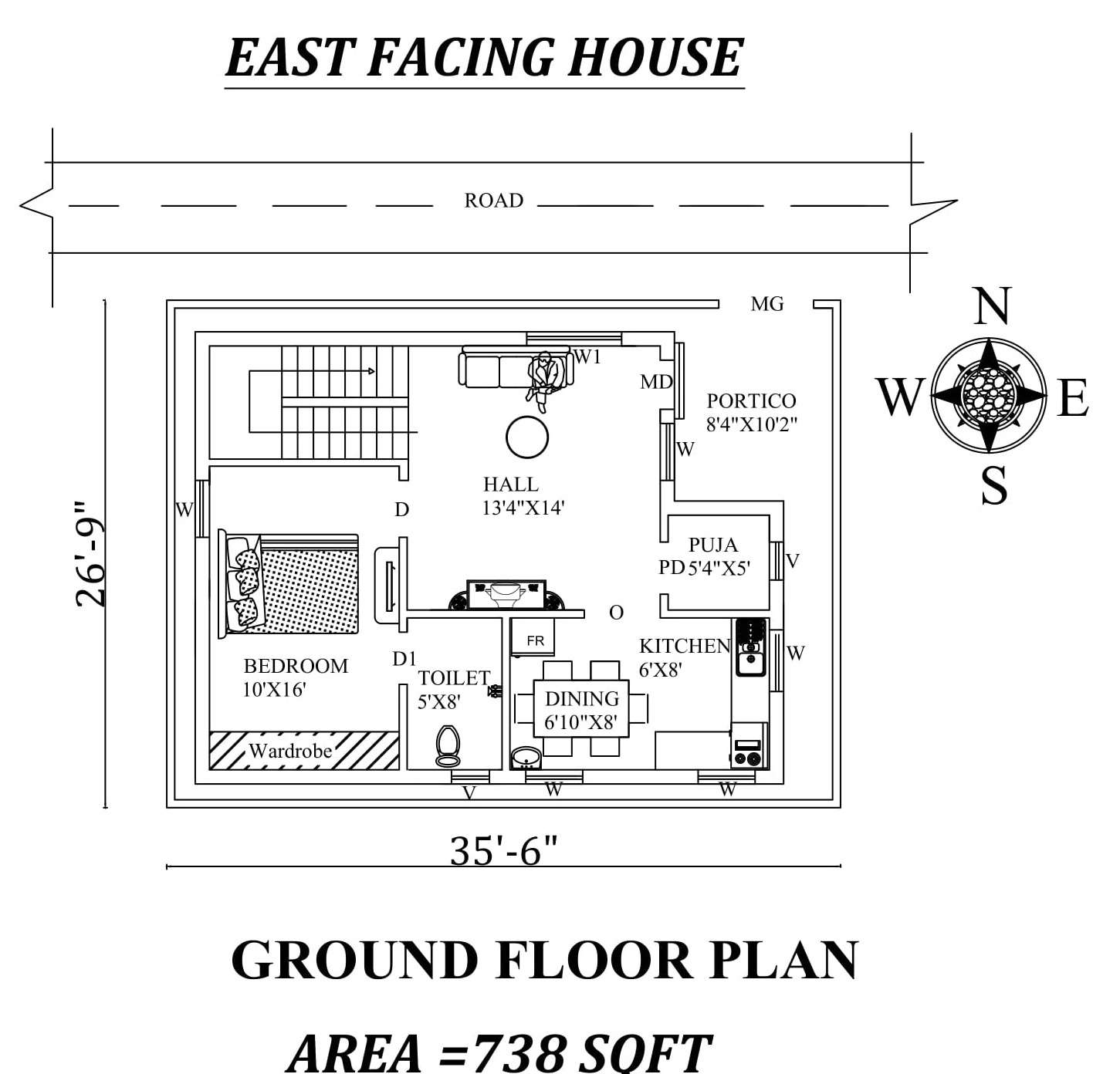 35 6 x26 9 1BHK East  facing  small house  plan  as per vastu 