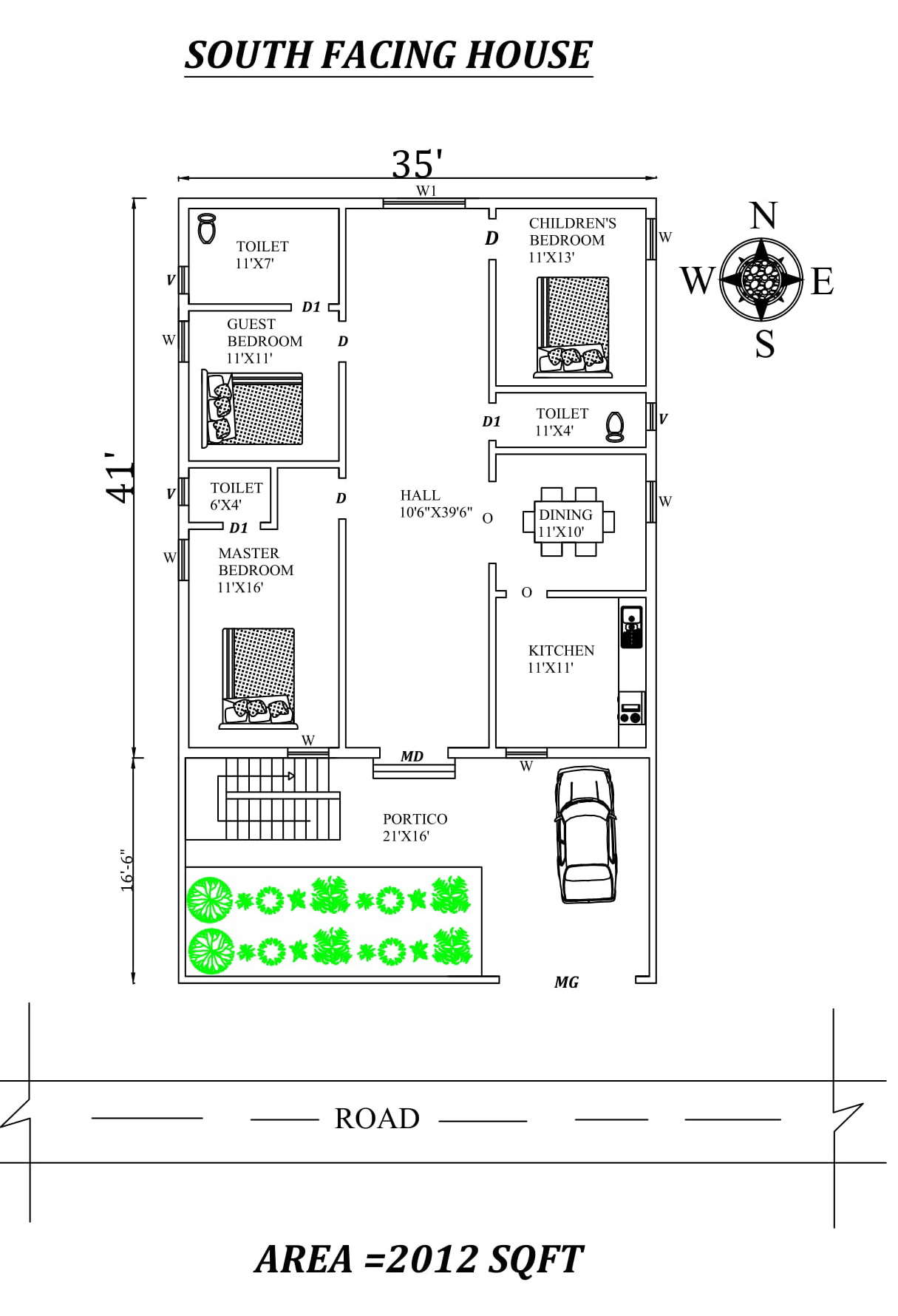 35'X41' 3bhk South facing House Plan As Per Vastu Shastra,Autocad DWG