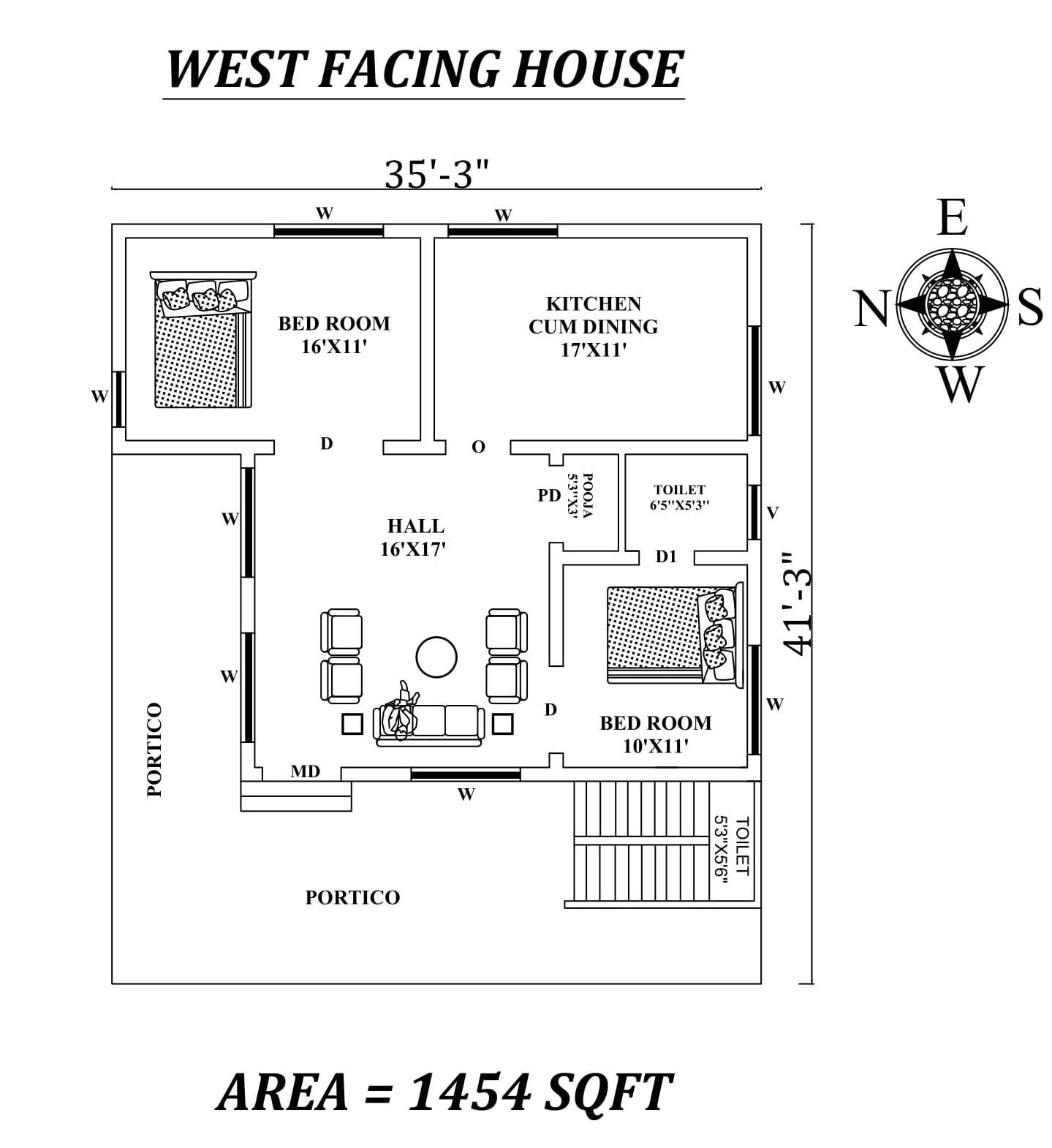 35'X41' Marvelous Furnished 2bhk West facing House Plan As Per Vastu ...