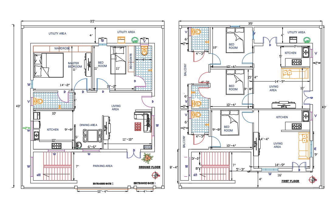 35 X 45 Feet House Plan AutoCAD Drawing Download DWG File - Cadbull