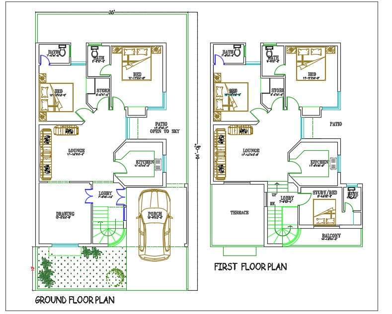 35'X64' Car Parking House Plan With Furniture Layout DWG File Cadbull