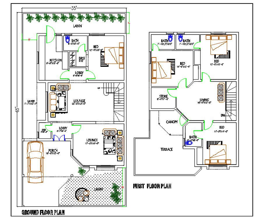 35x65 House Ground Floor And First Floor Plan Drawing Dwg File Cadbull