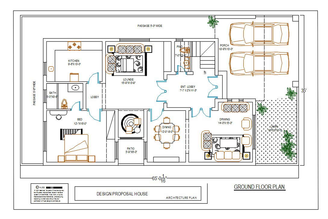 35x65 House Ground Floor Plan With Furniture Layout Cad Drawing Cadbull