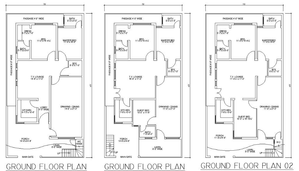 Three Bed Room 3d House Plan With Dwg Cad File Free Download