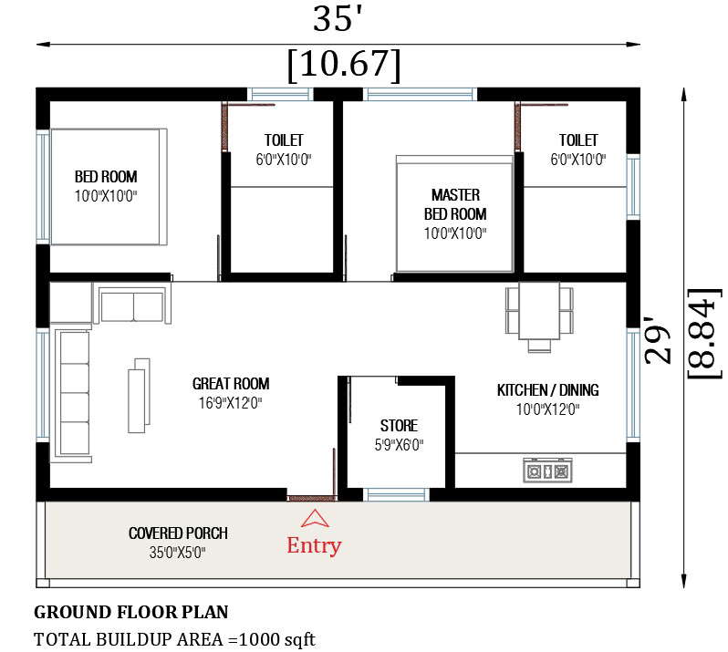 35x29 House Plan Is Given In This Autocad Drawing Modeldownload Now Cadbull