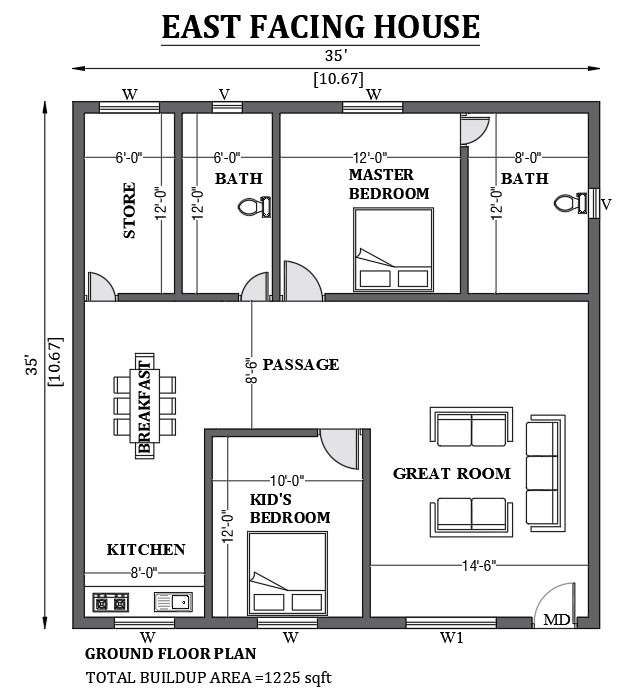 35 x35 East Facing House Design As Per Vastu Shastra Is Given In This 