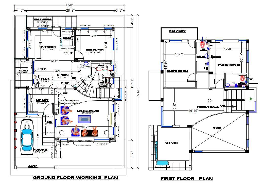 36 X 50 Architecture Car Parking House Layout Plan Autocad File Cadbull