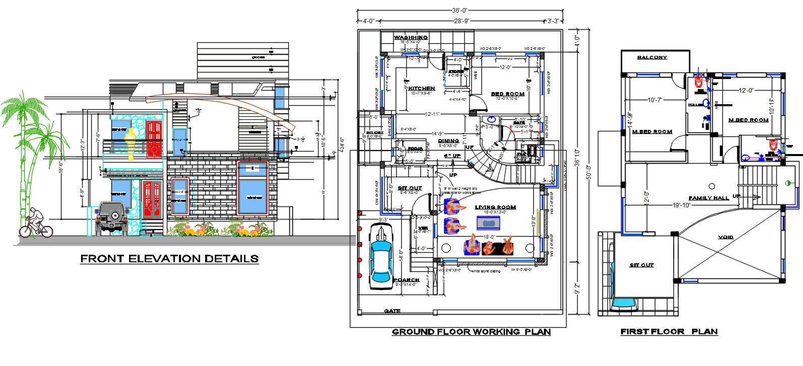 36 X50 Architecture House Furniture Plan And Front Elevation Drawing Dwg File Cadbull