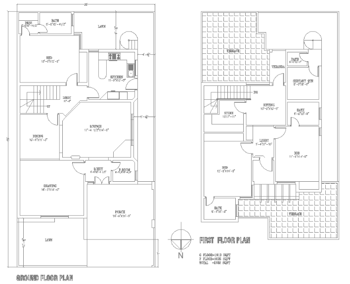 36x65 Autocad Ground And First Floor House Plan Drawing Layout Available In This Dwg File