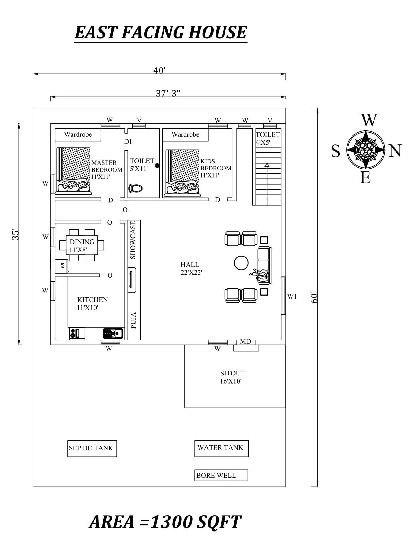 37 3 X35 The Perfect 2bhk East  facing  House  Plan  As Per  