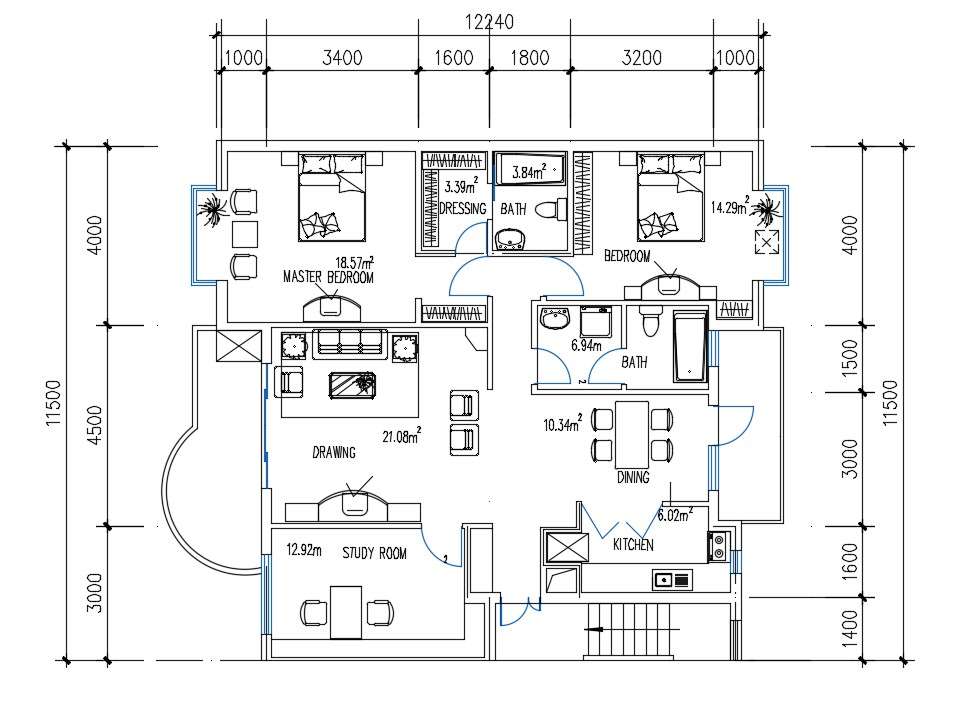 37'X40' House 2 BHK Layout Plan Drawing Download DWG File - Cadbull