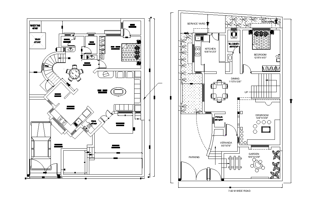 38’x54’ house plan is given in this 2D Autocad DWG drawing file