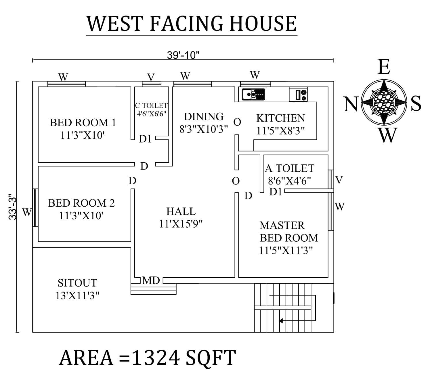 39'10"x33'3" Awesome 3bhk West facing House Plan As Per