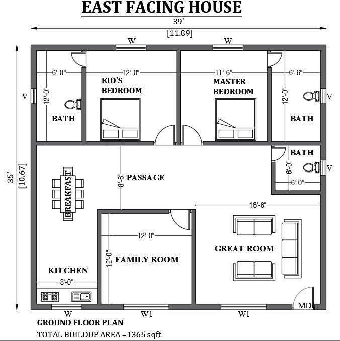 39’x35’ east facing house design as per vastu shastra is given in this ...