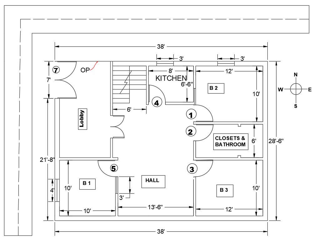 3BHK Simple  House  Layout Plan  With Dimension In AutoCAD 