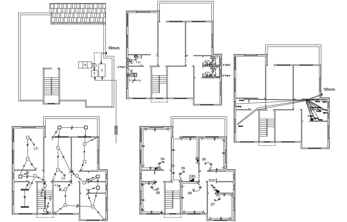 3 BHK Apartment House Plumbing And Electrical Plan - Cadbull