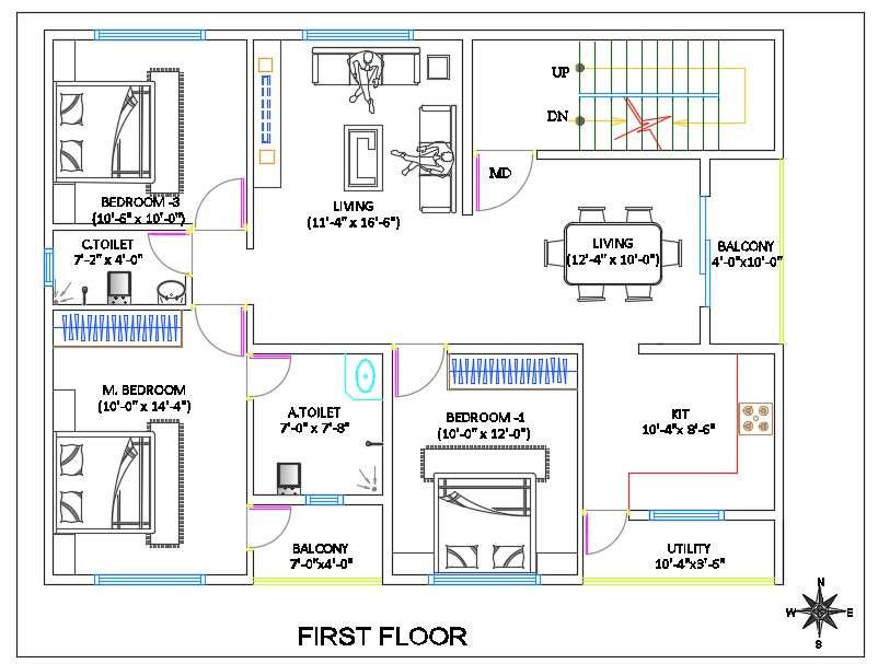 3 BHK First Floor plan With Furniture Layout AutoCAD