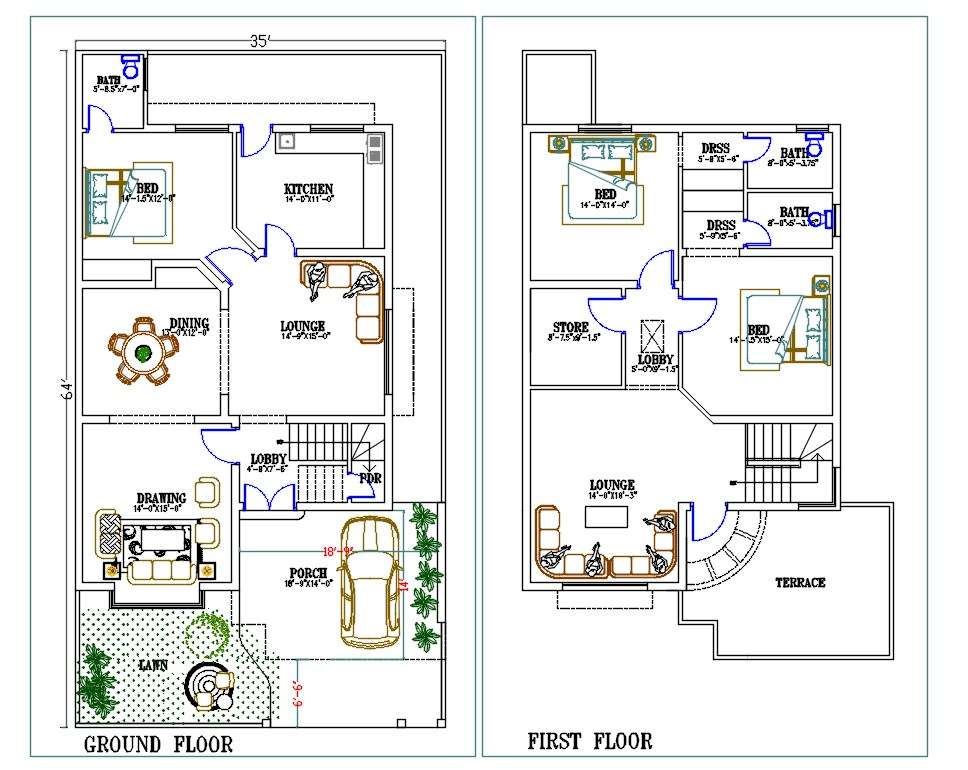 3 BHK House 2 Storey Floor Layout Plan AutoCAD Drawing