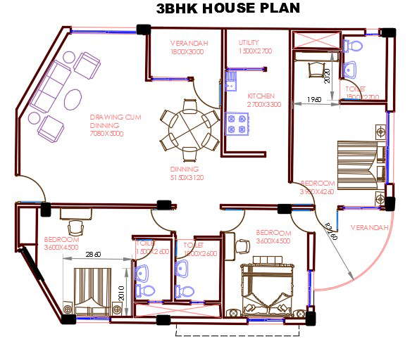  3 BHK  House  Plan  AutoCAD  Drawing DWG File  Cadbull