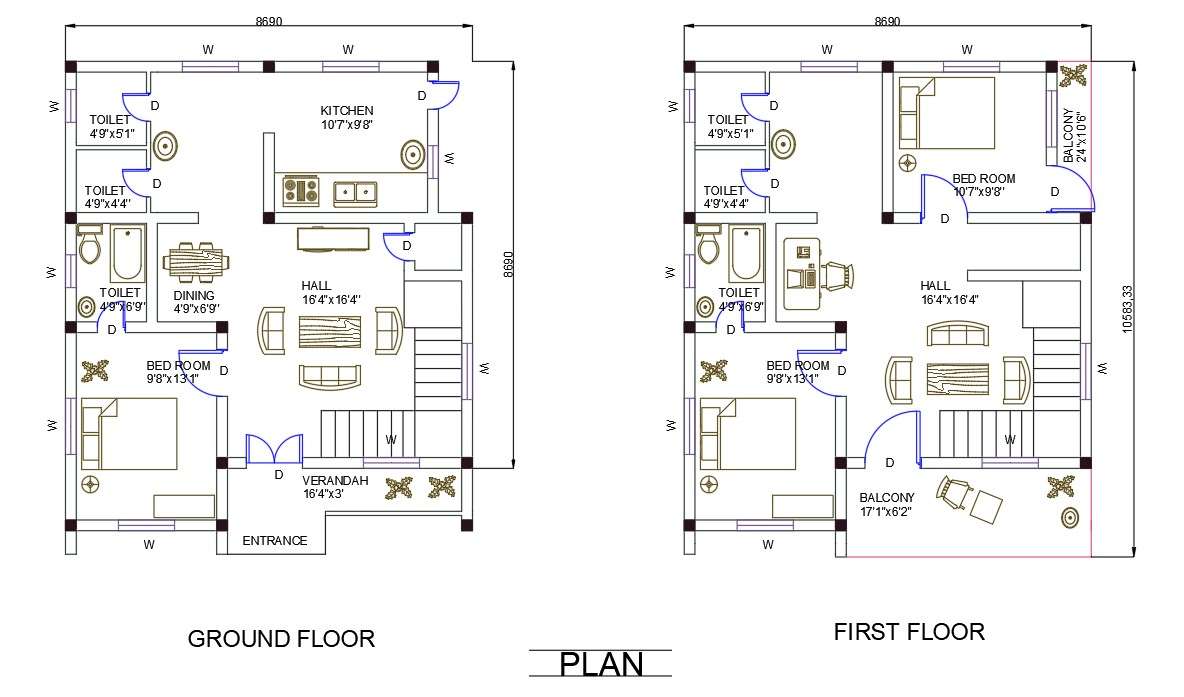 3 Bhk House Plan With 2 Storey Furniture Design Dwg File Cadbull