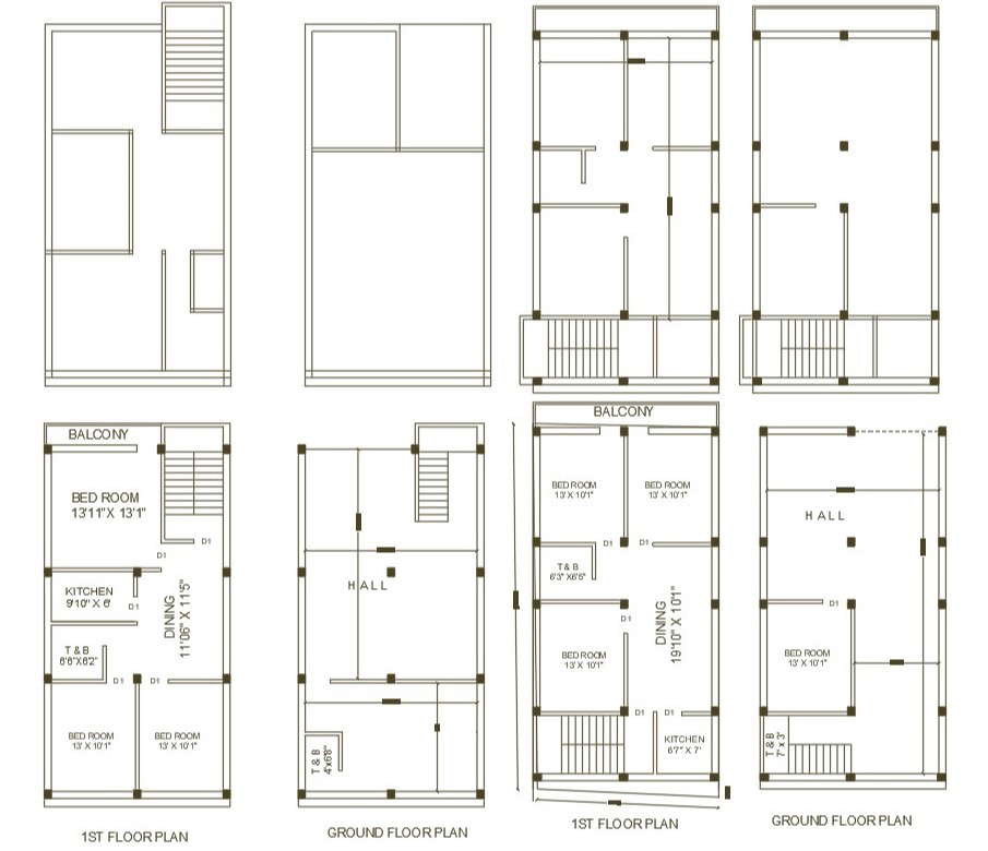 3 Bhk House Plan With Column Layout Autocad File Cadbull