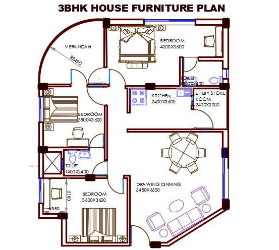 3 Bhk House Plan With Furniture Layout Autocad Drawing Dwg File Cadbull