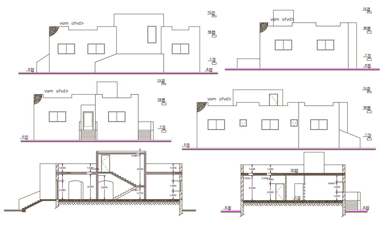 3 BHK House Sectional Elevation Design (2200 Sq Ft) - Cadbull