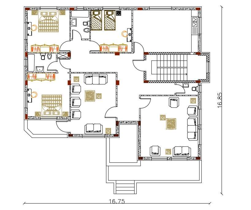 3 Bhk House Plan With Furniture Layout Plan Cad Drawing Dwg File